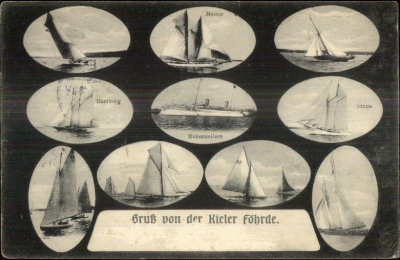 Kiel Germany Gruss von der Kieler Fohrde Yachts Iduna Meteor Hamburg Postcard