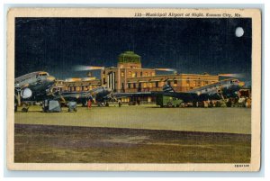 1954 Municipal Airport At Night Kansas City Missouri MO Vintage Postcard 