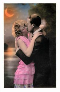 Couple Kissing Pink Dress Crescent Moon 1920s Romance Repro Postcard