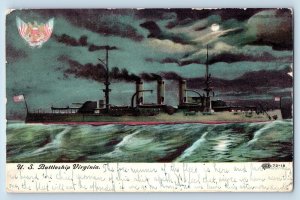Long Beach California CA Postcard US Battleship Virginia Moon Scene 1908 Antique