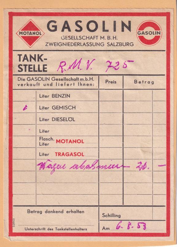 Salzburg 1950s Austrian Petrol Garage Receipt