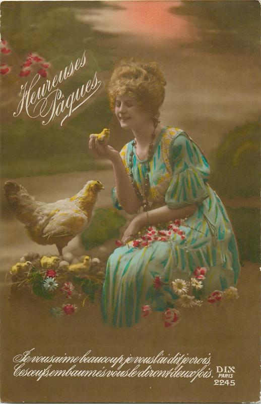 People Easter greetings beauty young lady tinted fancy dress chicken hen Paques