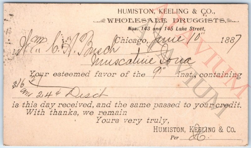 1887 Chicago Humiston Keeling Druggist Receipt Wm CA Busch of Muscatine, IA A157