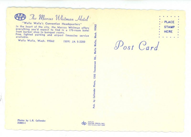 WA - Walla Walla. Marcus Whitman Hotel ca 1960's (continental size)