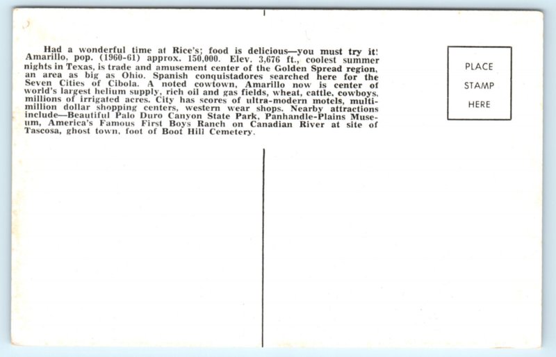 Route 66 Diner Rices Restaurant Amarillio TX Texas Postcard