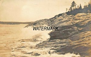 BOOTHBAY HARBOR MAINE~SURF ON ROCKS~McDOUGALL & KEEFE 1924 REAL PHOTO POSTCARD