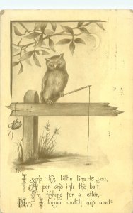 Owl Fishing for a Letter, Poem Asking for a Letter, 1914 Postcard by GK Prince