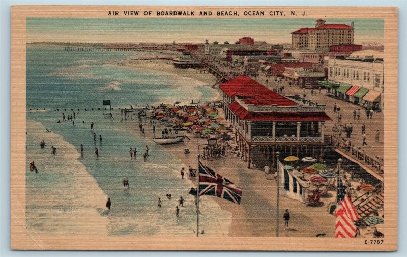 Postcard NJ Ocean City Airview of Boardwalk & Beach View Vintage Linen H24