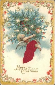 Christmas Little Girl Angel Real Fabric Silk Dress c1910 Vintage Postcard