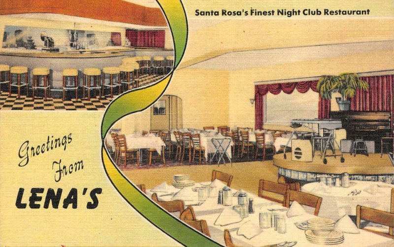 LENA'S Night Club Restaurant SANTA ROSA, CA c1940s Linen Vintage Postcard