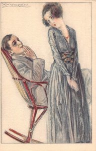 Love Romance Art by Mauzan Naughty Couple Lady in Black Dress postcard C329