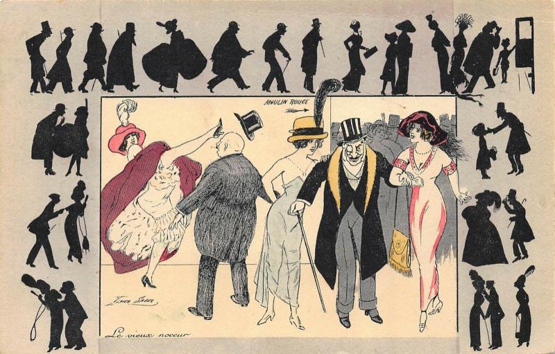 MOULIN ROUGE CHARACTERS-XAVIER SAGER ARTIST SIGNED LITHO POSTCARD