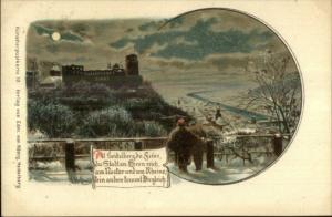 Heidelberg Germany Winter Moonlight Scene c1900 Litho Postcard