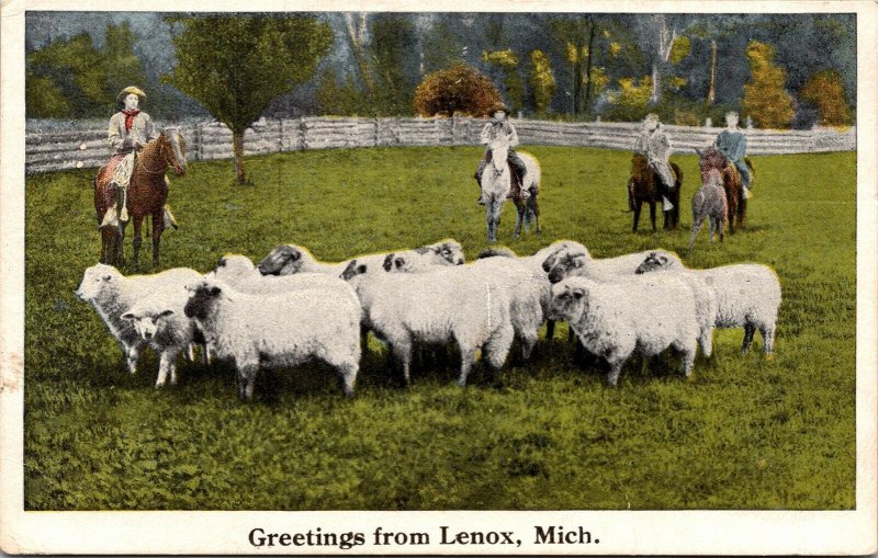 Greetings From Lenox Michigan MI WB Postcard UNP WOB Note Sheep Horseback Riders 