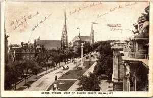 Grand Avenue Eight Street Milwaukee Wisconsin Birds View Black White Postcard 