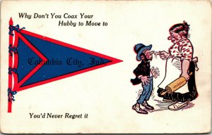 Postcard IN Columbia City Pennant Banner Humour Woman Threatening Man C.1910 M18