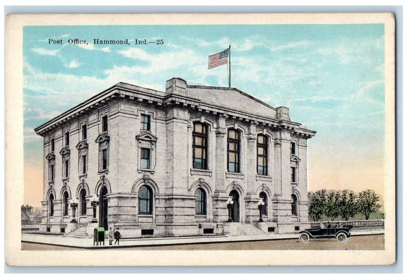 c1920s Post Office Exterior Roadside Car Hammond Indiana IN Unposted Postcard