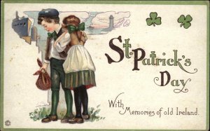 St Patrick's Day Ireland Irish Boy and Girl Castles c1910 Vintage Postcard