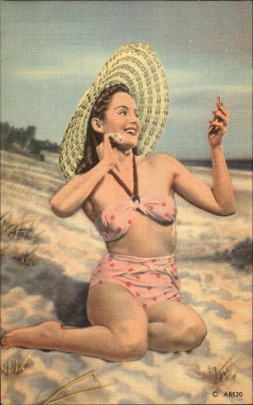 Bathing Beauty Bikini on Beach Makeup Mirror Linen Postcard