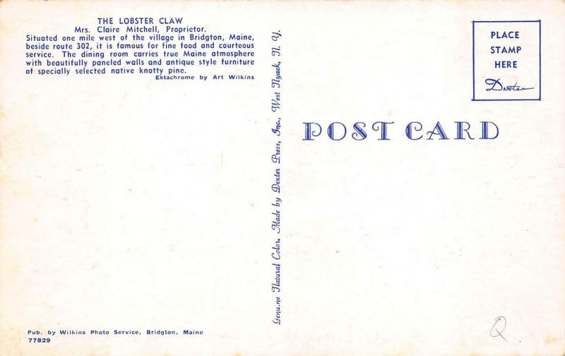 Bridgton ME The Lobster Claw DriveIn Restaurant Postcard United