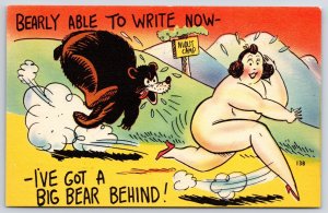 Woman And The Bear Barely Able To Right Now Nudist Camp Comic Postcard