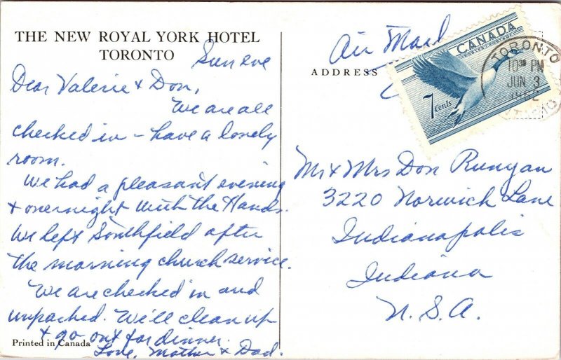 Royal York Toronto Canada Hotel Postcard PM Ontario WOB Note VTG 7c Stamp 