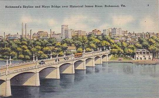 Virginia Richmond Skyline And Mayo Bridge Over Historical James River