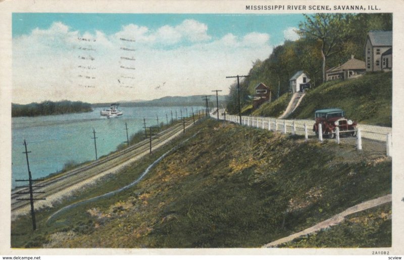 SAVANNA, Illinois, 1910s; Mississippi River Scene, Automobile on roadway