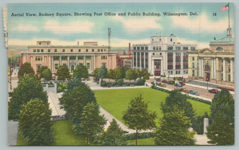 Wilmington Delaware~Rodney Square~Post Office~Public Building~1940s Linen Postca