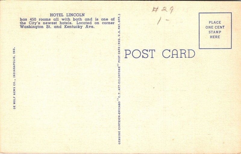 Hotel Lincoln Indianapolis Indiana IN Street View Old Cars City Vintage Postcard 