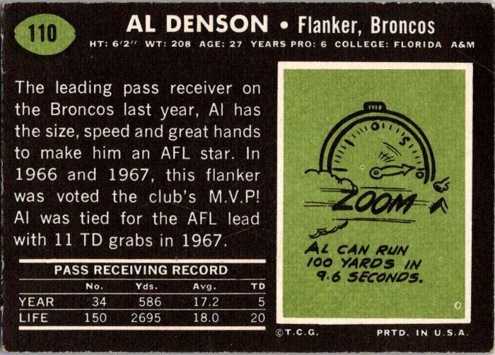 1969 Topps Football Card Al Denson Denver Broncos sk5435
