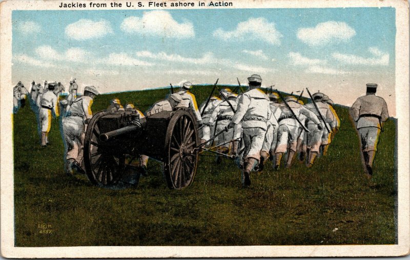 Vtg 1917 Navy Jackies US Fleet Ashore in Action Artillery WWI Military Postcard