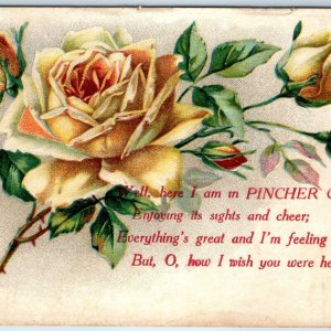 c1910s Pincher Creek, Alberta, Canada Greeting Postcard Poem Rose Embossed A174