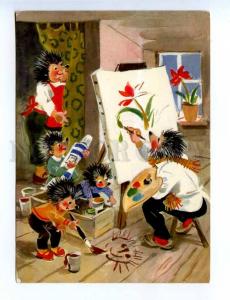 196870 dressed hedgehogs as painter old postcard