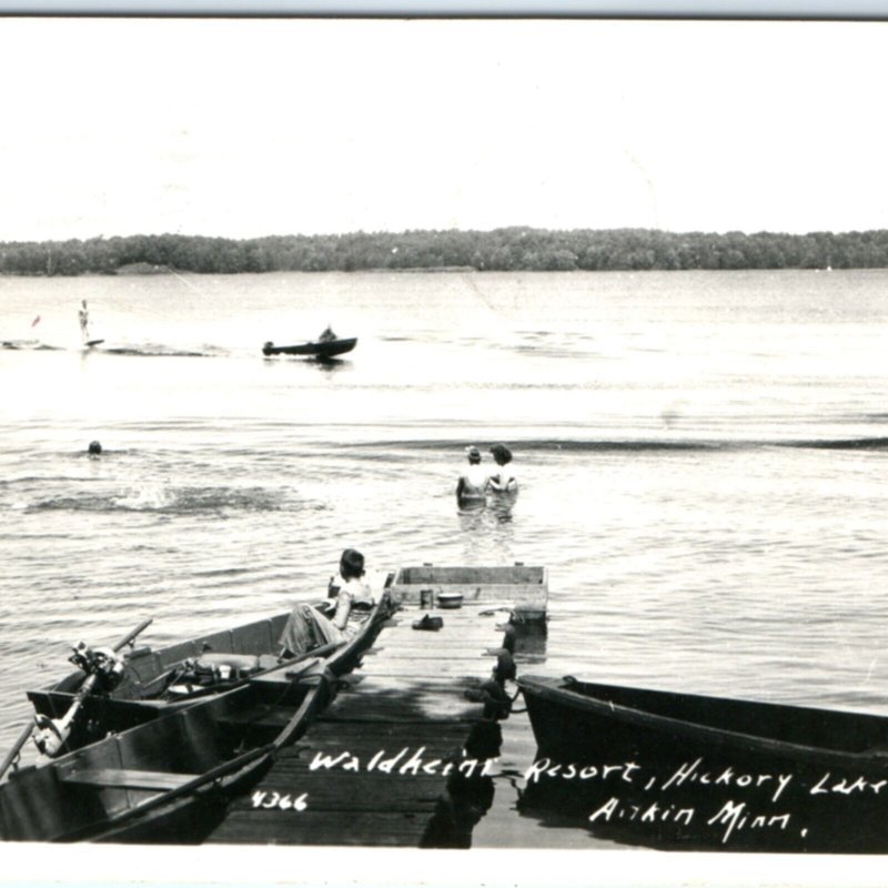 c1950s Aitkin, MN Boating Ski RPPC Hickory Lake Waldheim Resort Real Photo A131