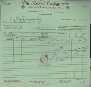 1952 Parco Garment Company Inc Trinity Ave Atlanta GA Clothes Blouse Invoice 325