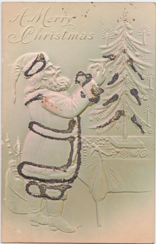 1910 SANTA CLAUS Postcard Merry Christmas GLITTER Tree Embossed