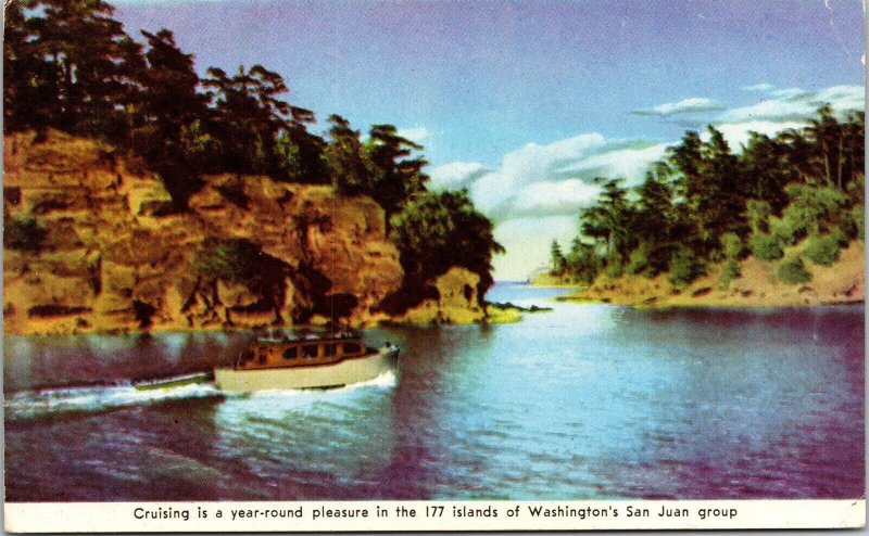 Cruising Boat 177 Islands Washington San Juan Postcard PM Kelso WA Cancel WOB 8c 