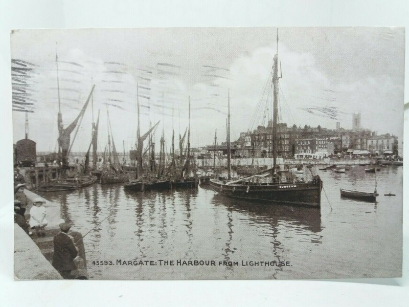 Man with Children Fishing From Harbour Steps Margate Kent Antique Postcard 1921