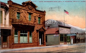 Postcard Arctic Brotherhood Hall and A.B. Mountain in Skagway, Alaska