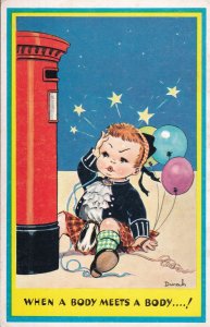 Scottish Child Drunk Balloons Hits Letter Pillar Box Old Comic Postcard