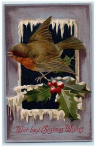 c1910's Christmas Song Bird Holly Berries Winter Winsch Back Embossed Postcard