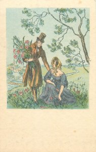 Romantic drawn couple picking flowers vintage postcard 