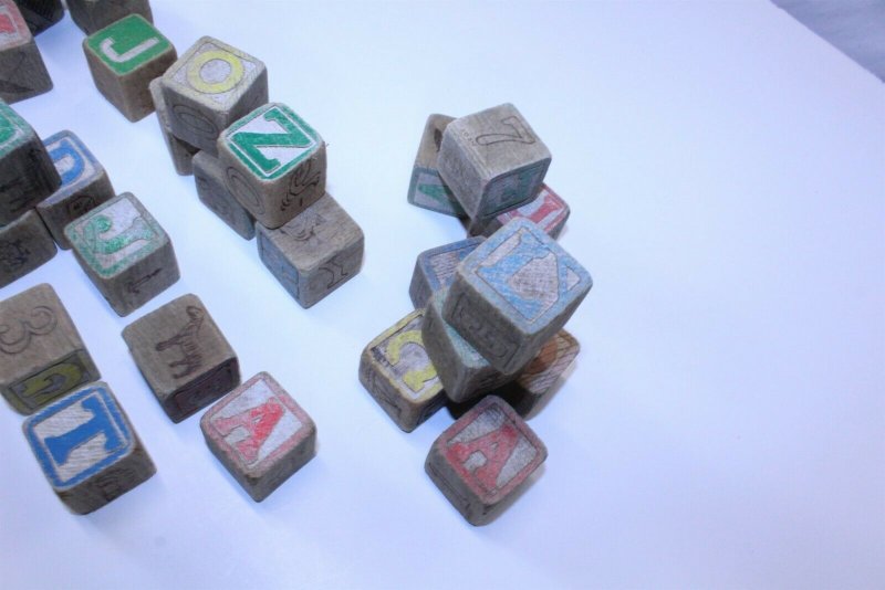 Vintage Collectible Attic Find 32 Wood Blocks Colored Letters #'s Animals 1 1/4