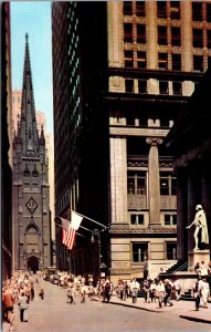 Vtg New York City NY Wall Street View US Treasury Trinity Church 1950s Postcard