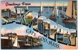 c1940s Harwichport, Cape Cod, MA Greetings Linen Tichnor Bros Postcard Boat A114