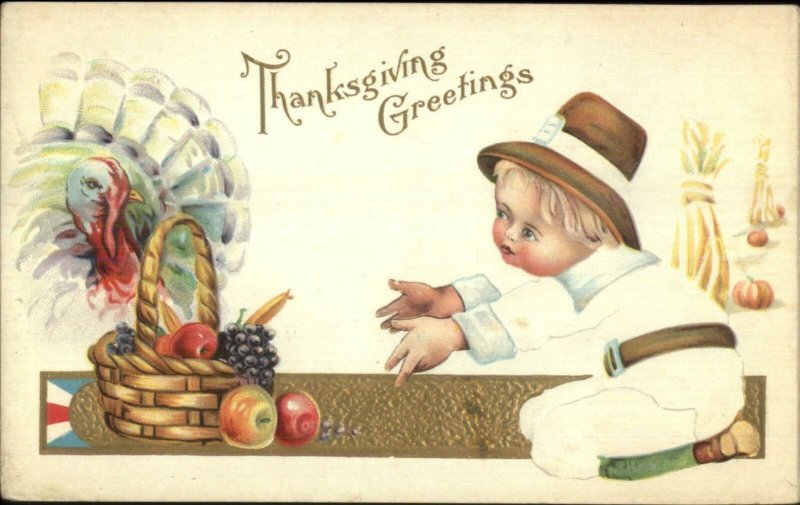 Thanksgiving Little Boy Turkey Basket of Fruit Stecher 420C Postcard c1910
