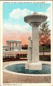 Fountain Pilgrim Mothers Mayflower WB Cambridge Mass Vtg Postcard c1931 Cancel 