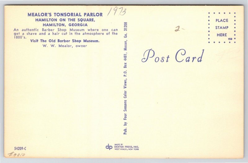 Hamilton Georgia~Mealor Tonsorial Parlor~Barber Shop Interior~1950s Postcard PC