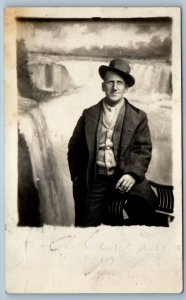 1912 Man Niagara Falls Props Studio Buffalo New York NY RPPC Photo Postcard